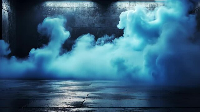 Abstract dark blue background, empty dark scene,  spotlights. The concrete floor and studio room with smoke float up the interior texture for display products