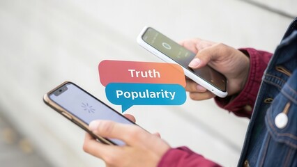 Two hands holding smartphones with speech bubbles saying "Truth" and "Popularity.