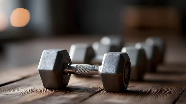 Iron Minimal Shadow, Neatly arranged dumbbells on a rustic wooden floor