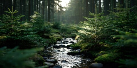 Fototapeta premium Lush forest stream flows through vibrant greenery