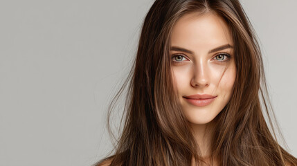 Naklejka premium Smooth long brunette hair woman healthy and strong with healthy clean skin