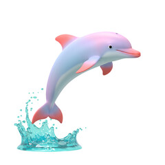Obraz premium Playful pink and blue dolphin leaping from crystal-clear water on white