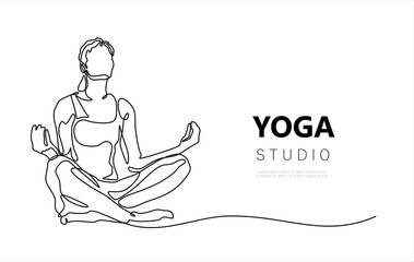 Woman doing yoga and meditation continuous line drawing. Yoga studio concept. Vector illustration minimalist design hand drawn. Editable stroke. .