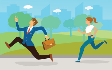 Businessman hurry to work with running  through runners woman in the park. Flat cartoon vector illustration.