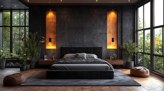 Minimalist bedroom design with leather furniture theme high resolution picture