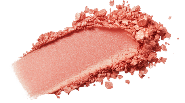 Cream blush stroke in bright coral tone, subtle shimmer texture, clean edge, isolated white background, top-view PNG 