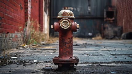 Rusty Fire Hydrant Standing in Alleyway Urban Decay