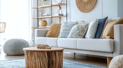 A coastal living room featuring nautical-themed pillows, light furniture, and driftwood decor