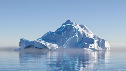 This image shows a white iceberg floating on the light blue sea. Bright blue lines of light form a network across the iceberg's surface.