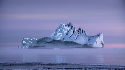 This image shows a white iceberg in a misty sea at dawn. White light illuminates patterns on the iceberg's surface.