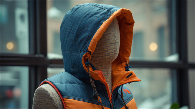 Male mannequin. blue and orange sleeveless winter jacket with hood