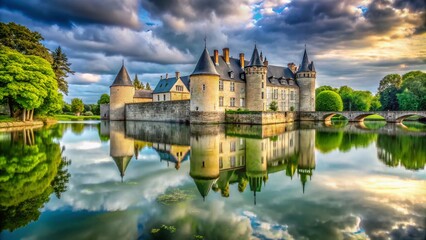 Fototapeta premium Chateau de Sully-sur-Loire, France: Majestic Reflection in Moat - Candid Stock Photo