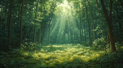 Lush green forest with tall trees 