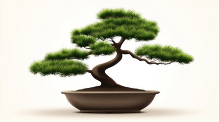 Elegant bonsai pine in pot against white