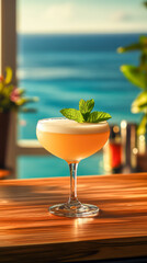 Refreshing stinger cocktail garnished with mint in a modern bar setting overlooking the ocean