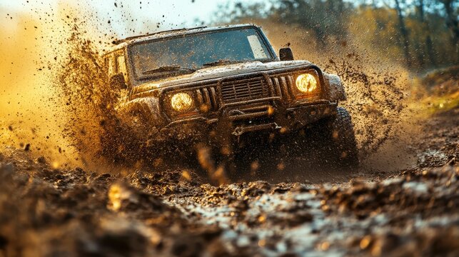 Mud splattered SUV off road adventure powerful 4x4 vehicle driving through muddy terrain