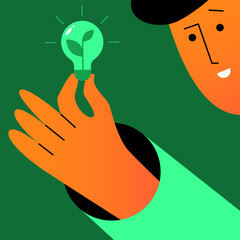 Sustainability green light bulb. Man share reduce energy. Green electricity and power save concept. Vector illustration.