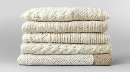 A stack of six knitted sweaters in various shades of white and beige.