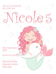 Little Mermaid and Narwhal Birthday Invitation for Girl. Invitation Template