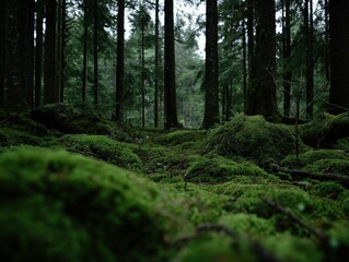 Fototapeta premium Lush green forest floor under tall trees