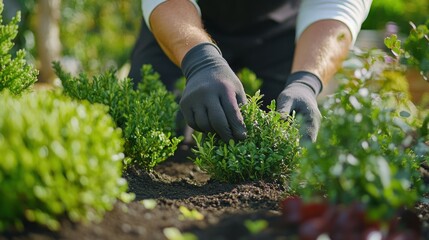 Landscaper planting shrubs in a garden. Featuring landscaping work and natural beauty