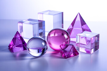 Geometric Glass Shapes Arrangement With Cubes Pyramids And Spheres In Purple Lighting