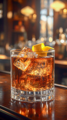 Rusty nail cocktail served over ice with a twist of orange in an elegant bar setting during evening hours