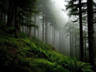 Obraz premium Fog wraps a serene forest in morning light