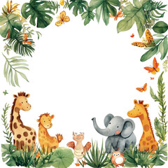 Obraz premium Whimsical animal border design with playful creatures and vibrant foliage, childish frame with animals. white background