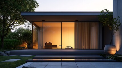 Fototapeta premium Modern Home Exterior Glowing at Twilight Hour