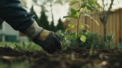 Landscaper planting trees in a backyard. Featuring landscaping work and outdoor beautification