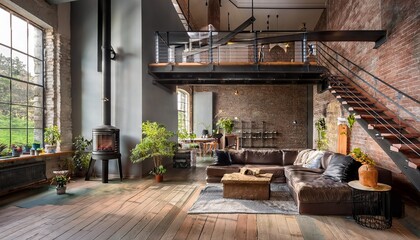Obraz premium Industrial-Farmhouse Living Room with Floating Stairs – A modern farmhouse living space with