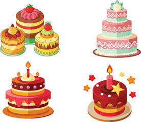 Birthday cake with candles, bright lights bokeh