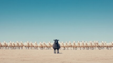 Black sheep standing out from the crowd of white sheep