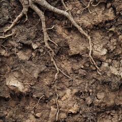 Fototapeta premium Roots and plant matter in soil; abstract backdrop.