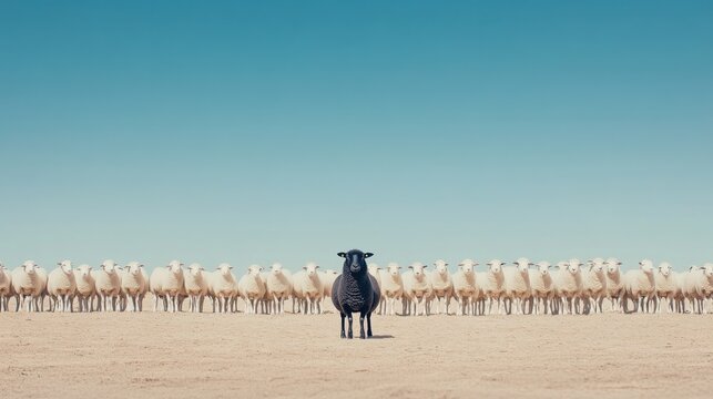 Black sheep standing out from the crowd of white sheep