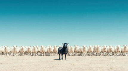 Black sheep standing out from the crowd of white sheep