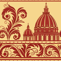 Seamless vector pattern with floral motifs and dome buildings  