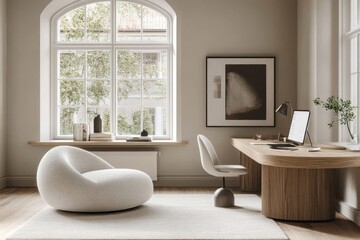 Modern Home Office Design Cozy Chair Wooden Desk Natural Light,