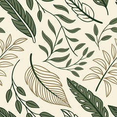 Fototapeta premium Seamless vector leaf pattern with green foliage on beige background 