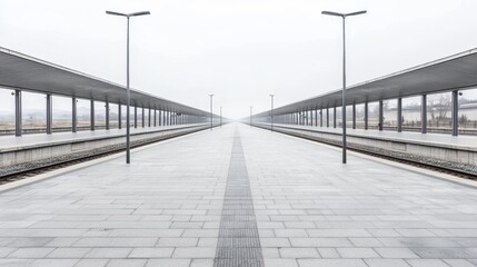 Obraz premium A long train station with a gray roof and gray pavement.