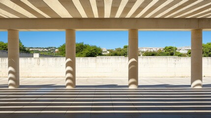 A concrete covered walkway with columns and a tiled floor.