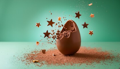 Stylized milk chocolate egg disintegrating into cocoa powder and candy stars, set against a