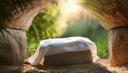  The empty tomb with the stone rolled away, linen burial cloth neatly folded inside, rays of 