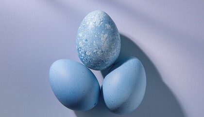 Three speckled robin blue Easter eggs arranged in a loose triangle, natural texture, soft li 