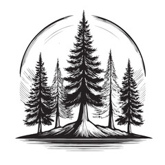 Black and White Illustration of Pine Trees in Circle Design