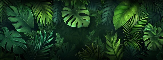 Lush Green Tropical Leaves Background with Monstera and Palm Fronds
