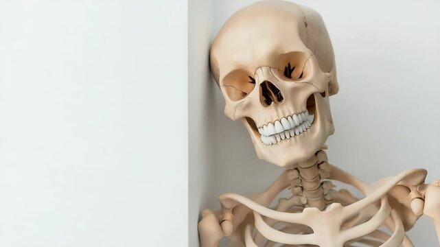 The camera move to the right with the skeleton of a man leaning against a white wall.