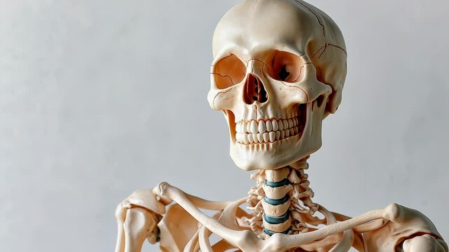 A skeleton is shown with its head turned to the side. The skeleton is white and has a smile on its face.