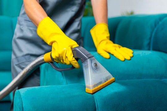Close up of wet dry vacuum clean on dirty couch. Wet clean of before and after.